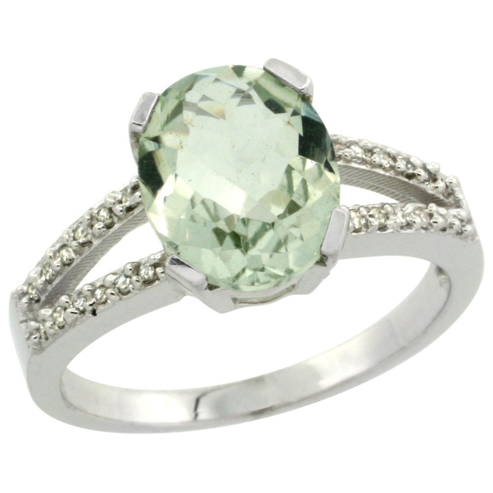 14K White Gold Diamond Natural Green Amethyst Engagement Ring Oval 10x8mm, sizes 5-10