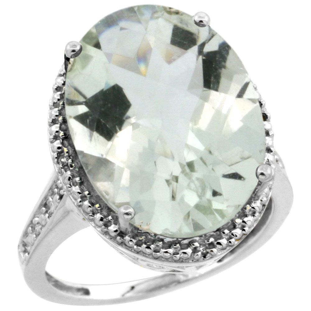 14K White Gold Diamond Natural Green Amethyst Ring Ring Oval 18x13mm, sizes 5-10