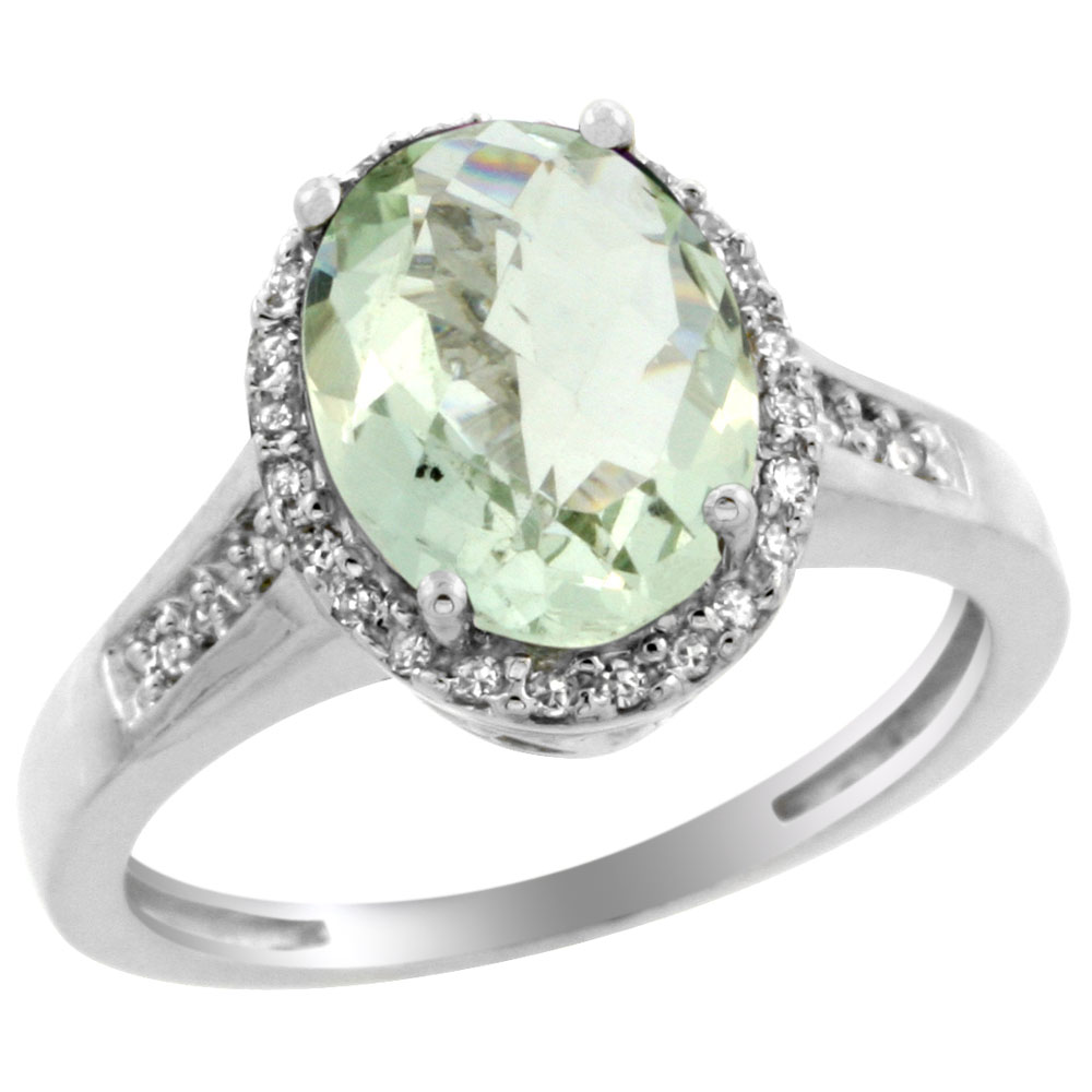 14K White Gold Diamond Natural Green Amethyst Engagement Ring Oval 10x8mm, sizes 5-10