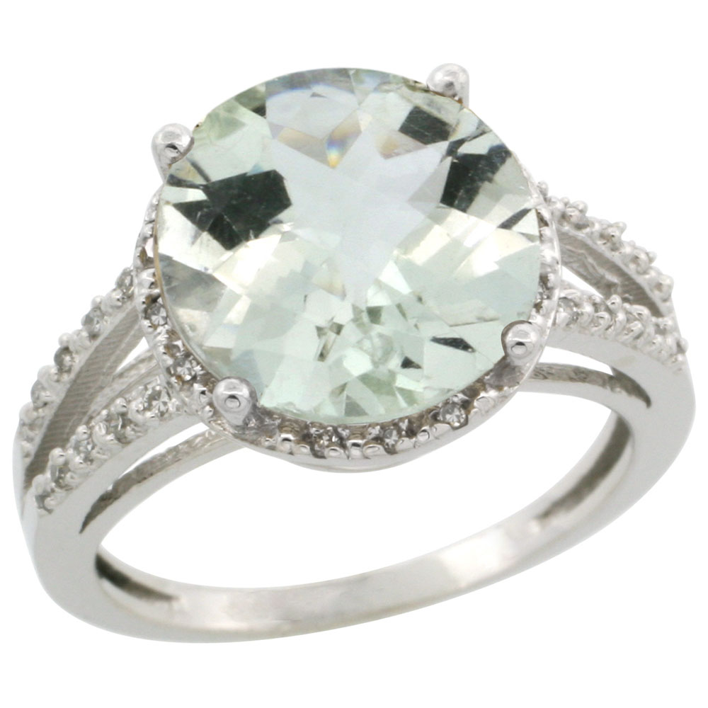14K White Gold Diamond Natural Green Amethyst Ring Round 11mm, sizes 5-10