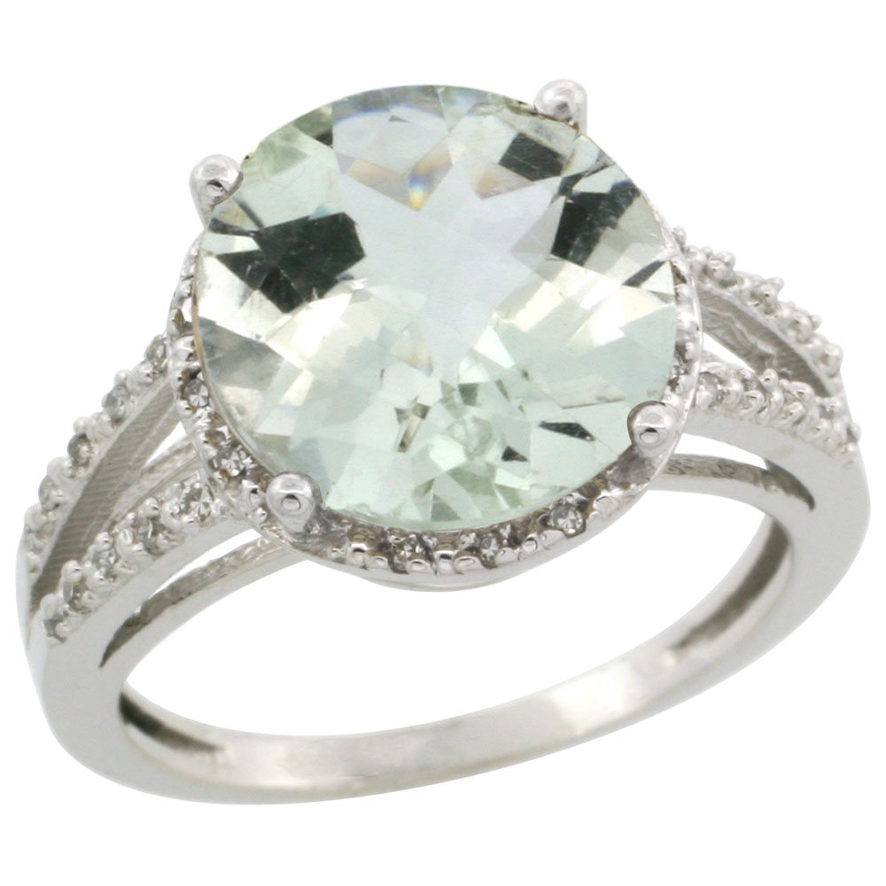 10K White Gold Diamond Genuine Green Amethyst Ring Round 11mm sizes 5-10