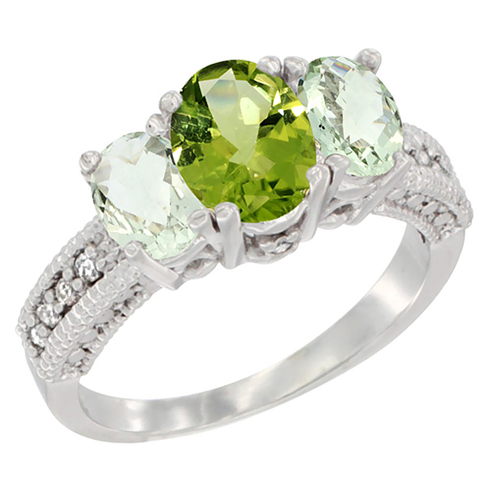 14K White Gold Diamond Natural Peridot Ring Oval 3-stone with Green Amethyst, sizes 5 - 10