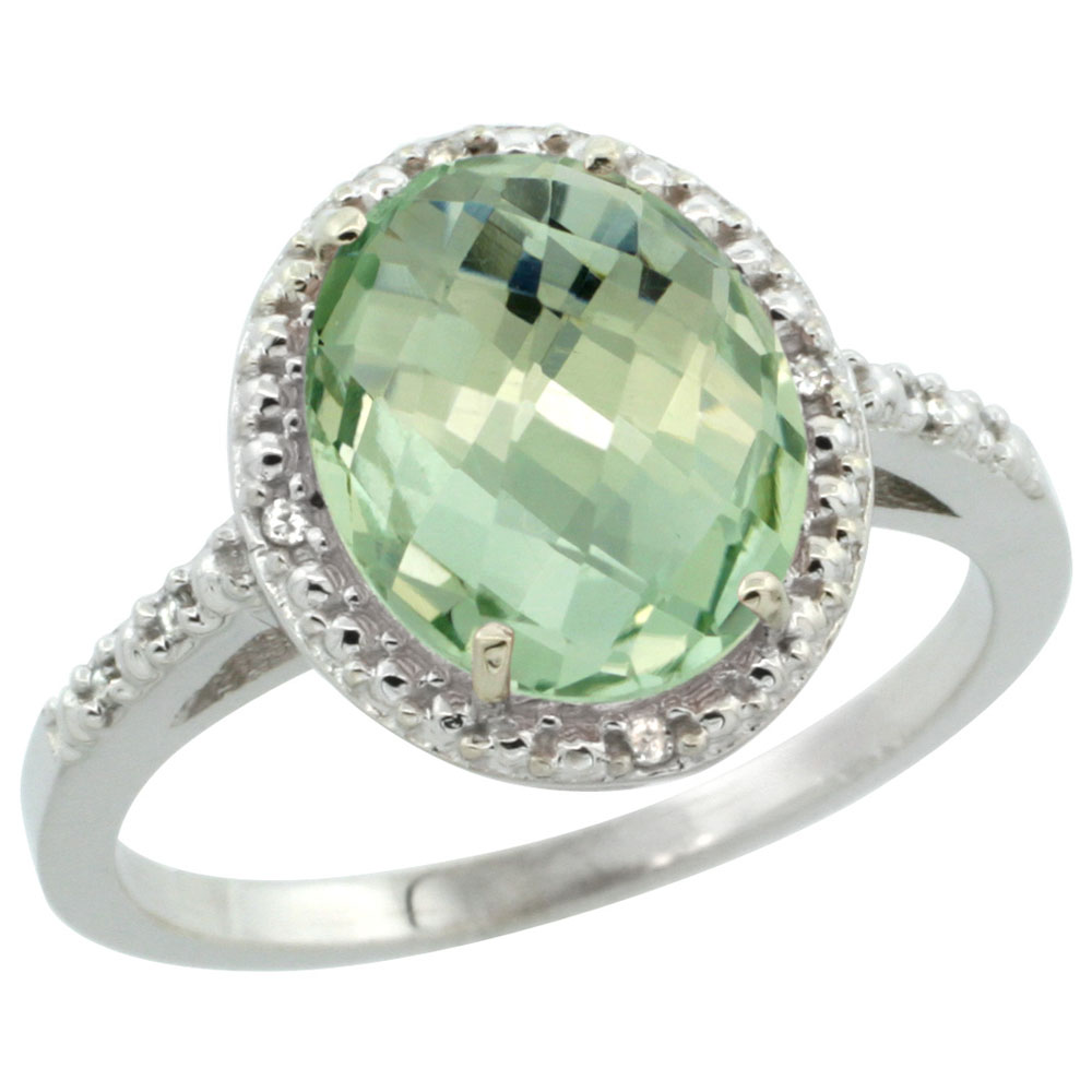 14K White Gold Diamond Natural Green Amethyst Engagement Ring Oval 10x8mm, sizes 5-10