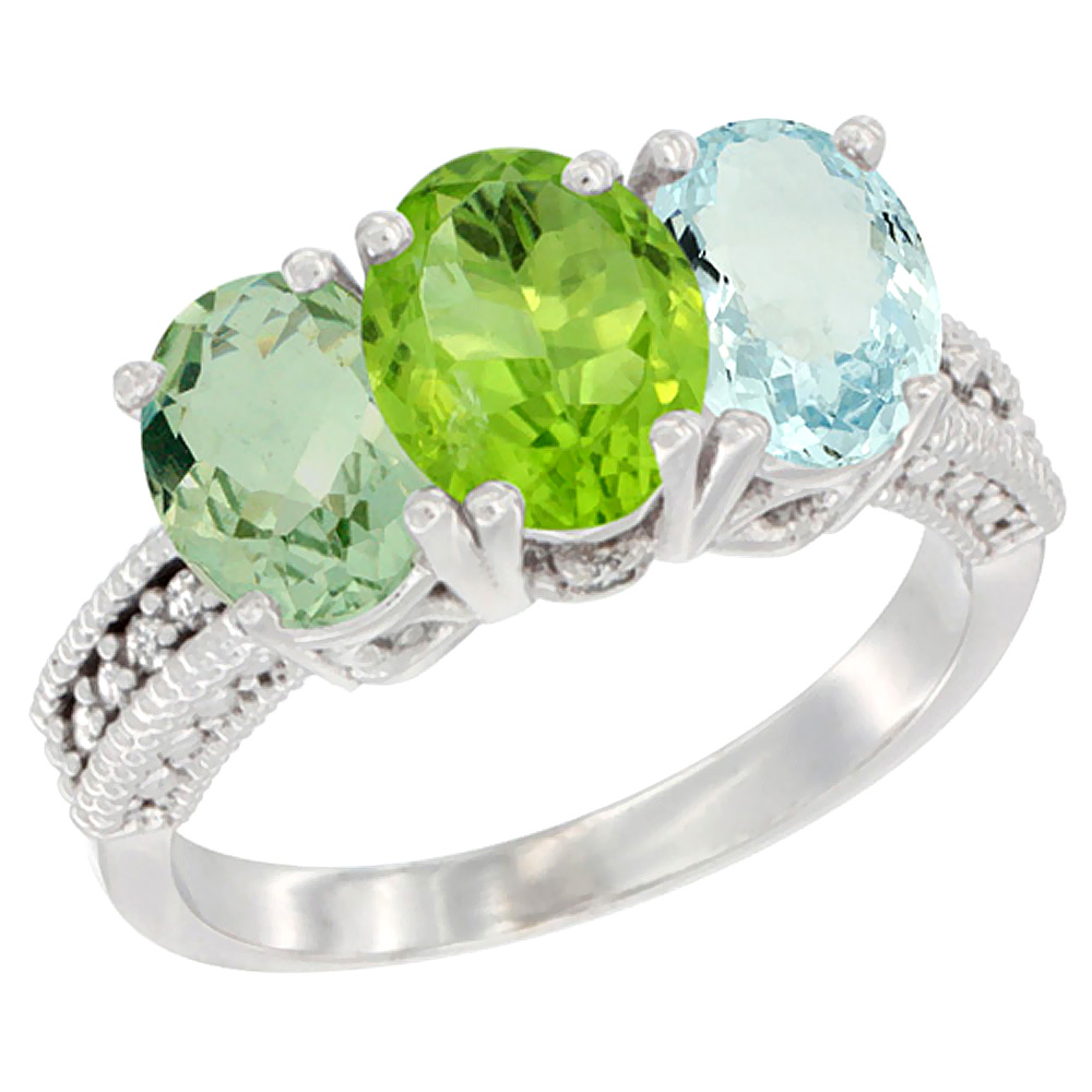 14K White Gold Natural Green Amethyst, Peridot &amp; Aquamarine Ring 3-Stone 7x5 mm Oval Diamond Accent, sizes 5 - 10