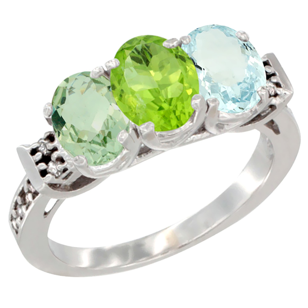 14K White Gold Natural Green Amethyst, Peridot & Aquamarine Ring 3-Stone 7x5 mm Oval Diamond Accent, sizes 5 - 10