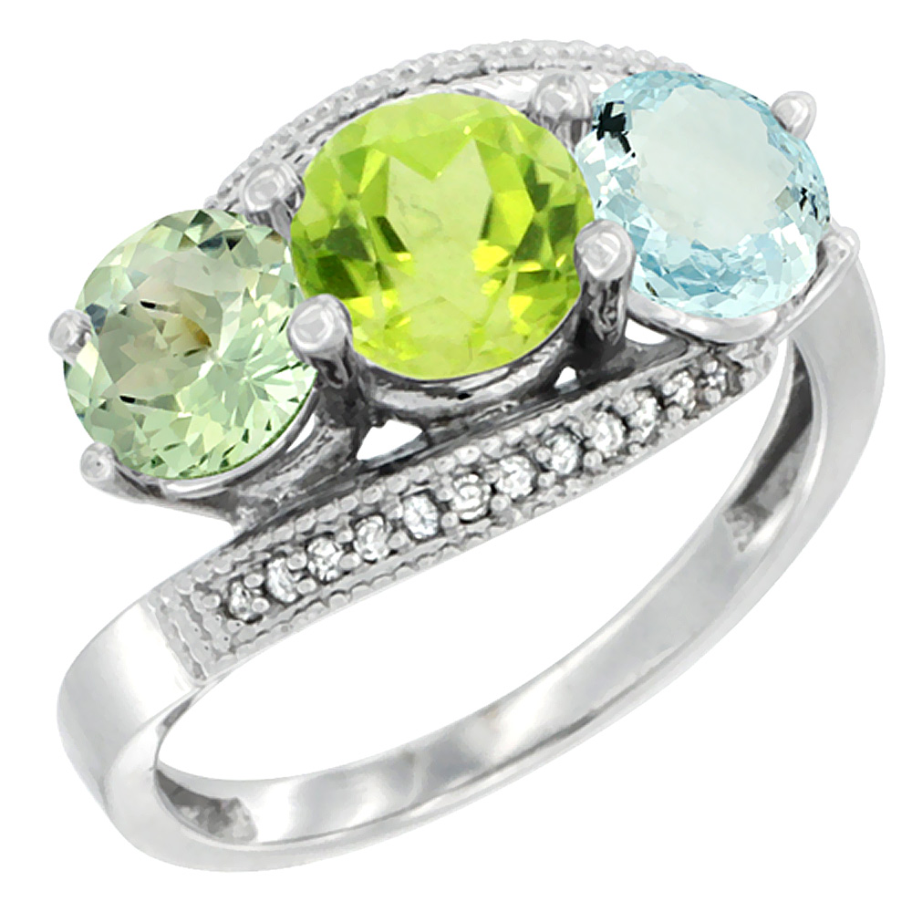 14K White Gold Natural Green Amethyst, Peridot &amp; Aquamarine 3 stone Ring Round 6mm Diamond Accent, sizes 5 - 10