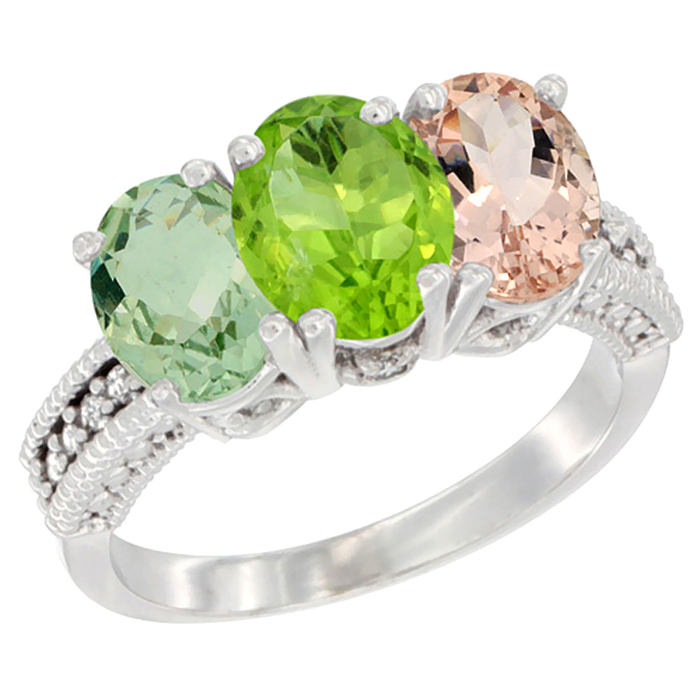 10K White Gold Natural Green Amethyst, Peridot & Morganite Ring 3-Stone Oval 7x5 mm Diamond Accent, sizes 5 - 10