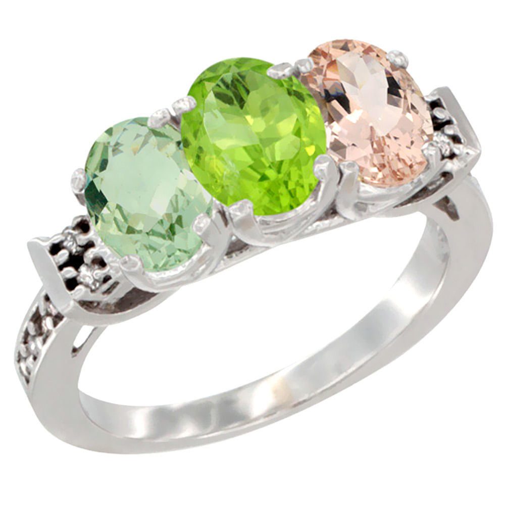 14K White Gold Natural Green Amethyst, Peridot & Morganite Ring 3-Stone 7x5 mm Oval Diamond Accent, sizes 5 - 10