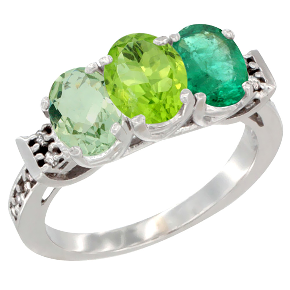 10K White Gold Natural Green Amethyst, Peridot & Emerald Ring 3-Stone Oval 7x5 mm Diamond Accent, sizes 5 - 10