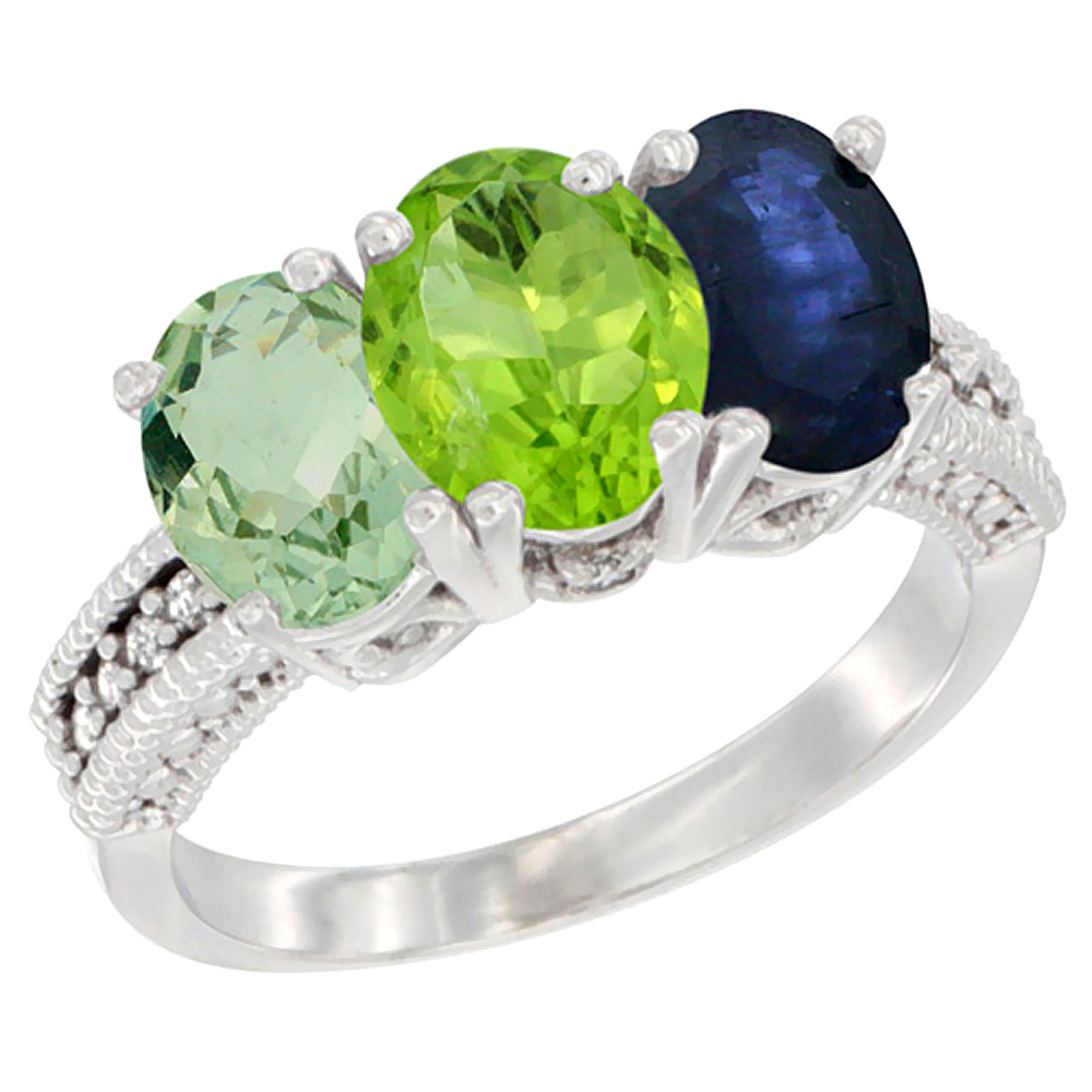 14K White Gold Natural Green Amethyst, Peridot &amp; Blue Sapphire Ring 3-Stone 7x5 mm Oval Diamond Accent, sizes 5 - 10