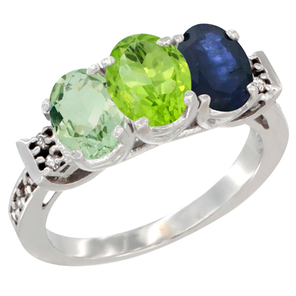 14K White Gold Natural Green Amethyst, Peridot & Blue Sapphire Ring 3-Stone 7x5 mm Oval Diamond Accent, sizes 5 - 10