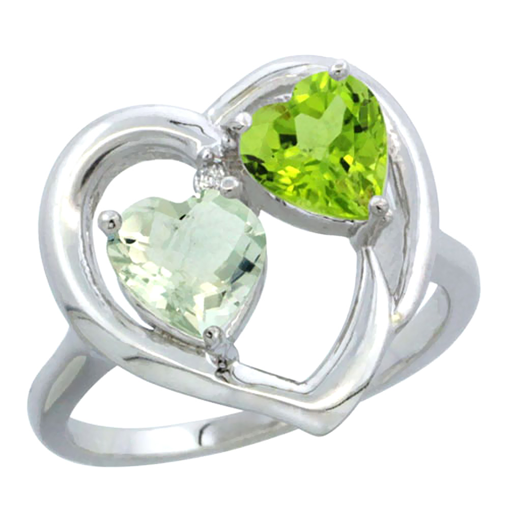 14K White Gold Diamond Two-stone Heart Ring 6mm Natural Green Amethyst & Peridot, sizes 5-10