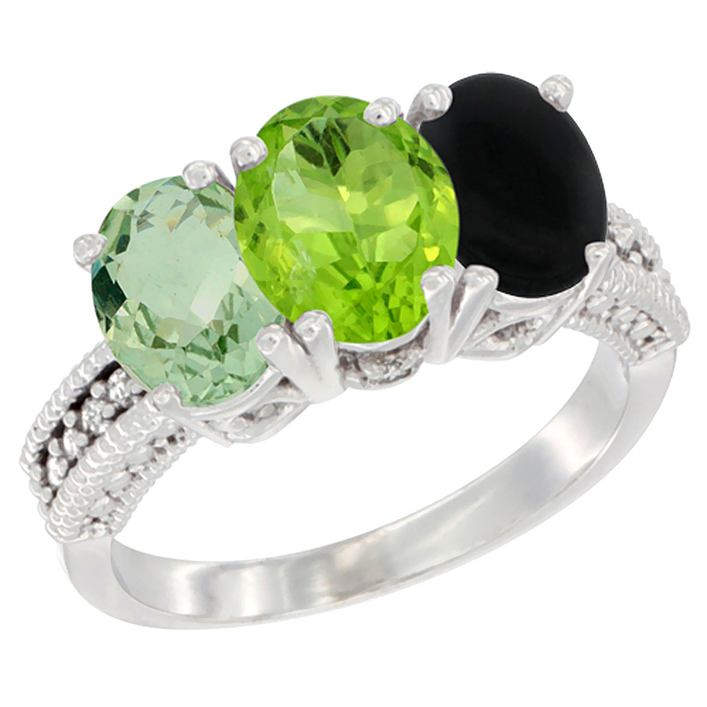 10K White Gold Natural Green Amethyst, Peridot & Black Onyx Ring 3-Stone Oval 7x5 mm Diamond Accent, sizes 5 - 10