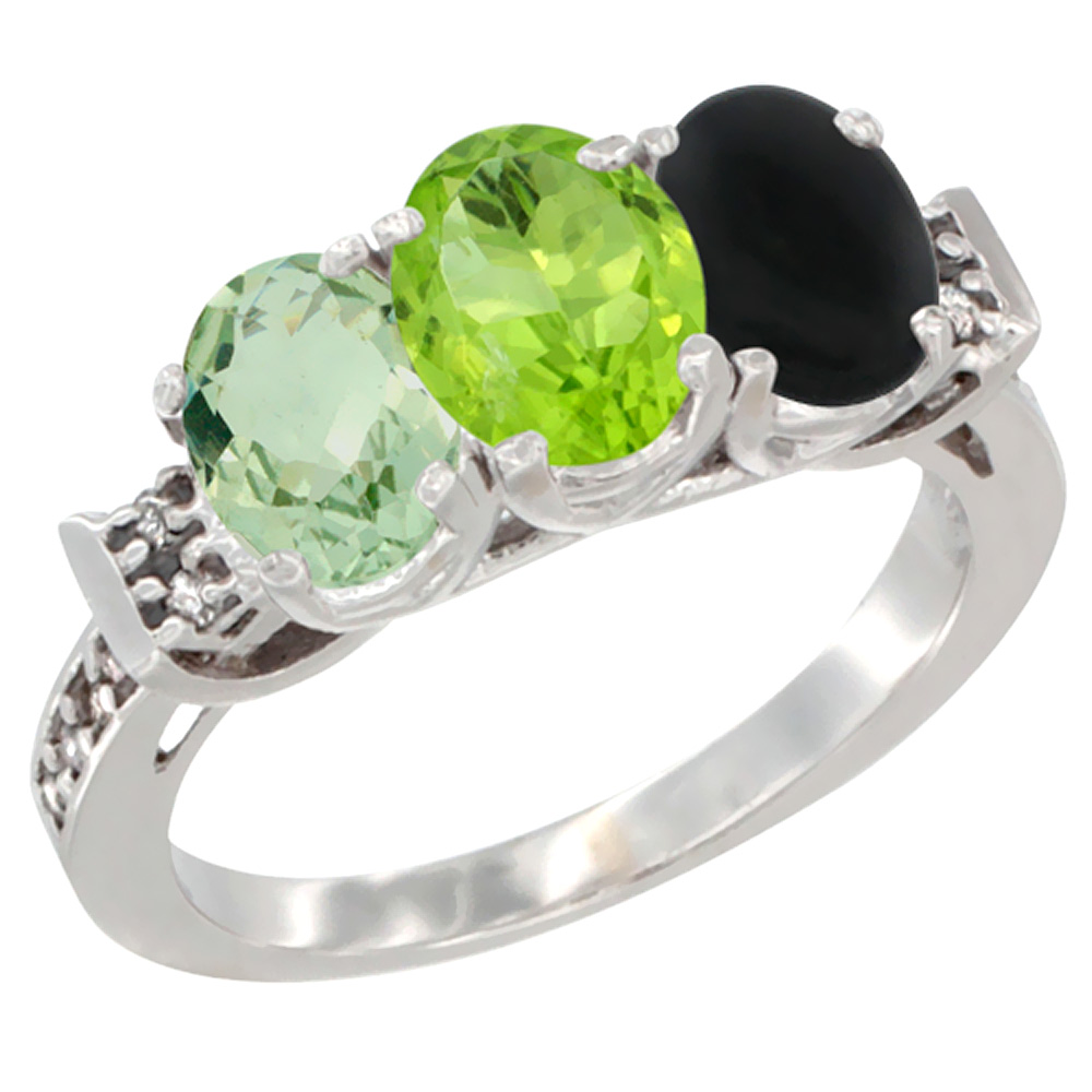 14K White Gold Natural Green Amethyst, Peridot & Black Onyx Ring 3-Stone 7x5 mm Oval Diamond Accent, sizes 5 - 10