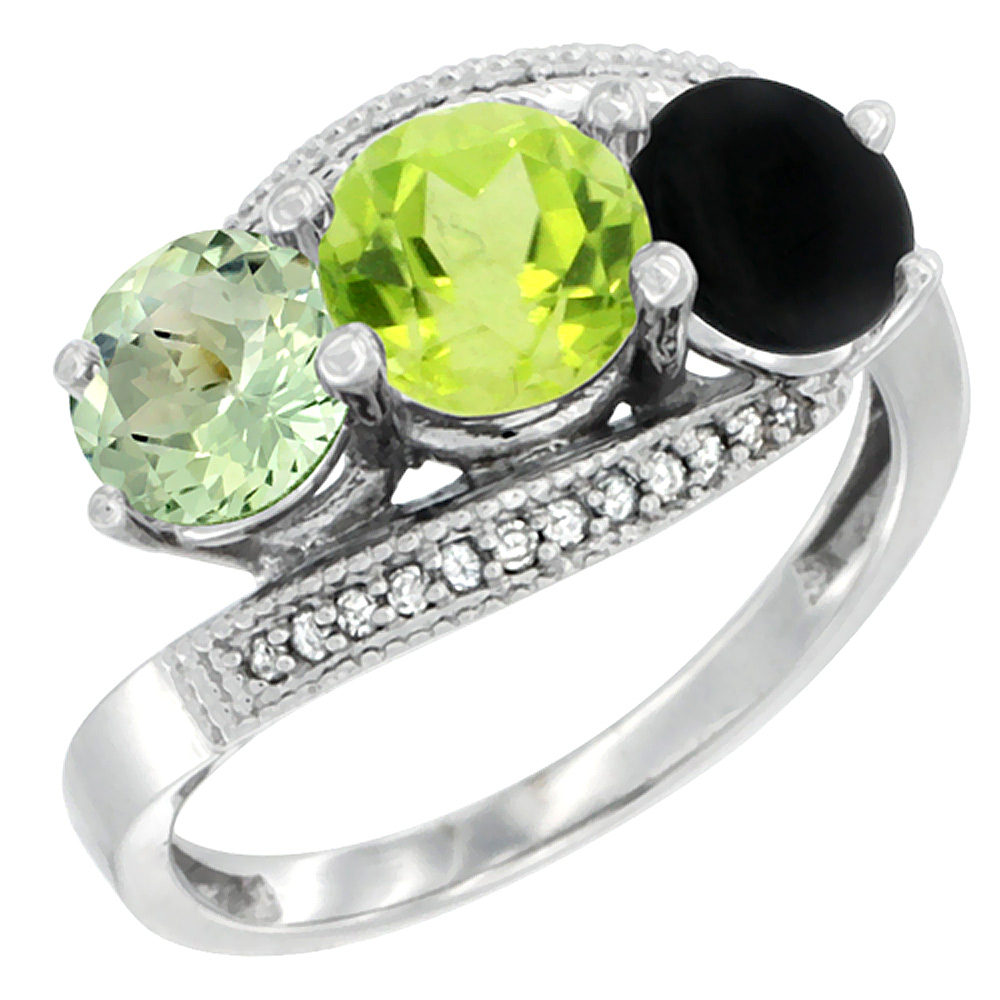 14K White Gold Natural Green Amethyst, Peridot &amp; Black Onyx 3 stone Ring Round 6mm Diamond Accent, sizes 5 - 10