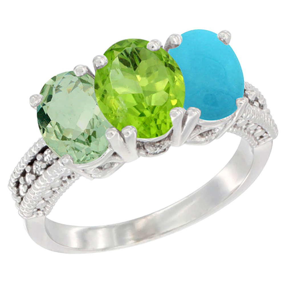 10K White Gold Natural Green Amethyst, Peridot &amp; Turquoise Ring 3-Stone Oval 7x5 mm Diamond Accent, sizes 5 - 10