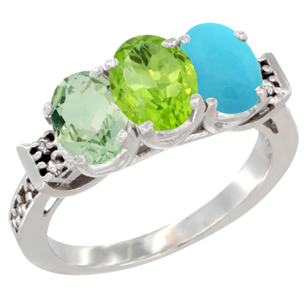 10K White Gold Natural Green Amethyst, Peridot & Turquoise Ring 3-Stone Oval 7x5 mm Diamond Accent, sizes 5 - 10