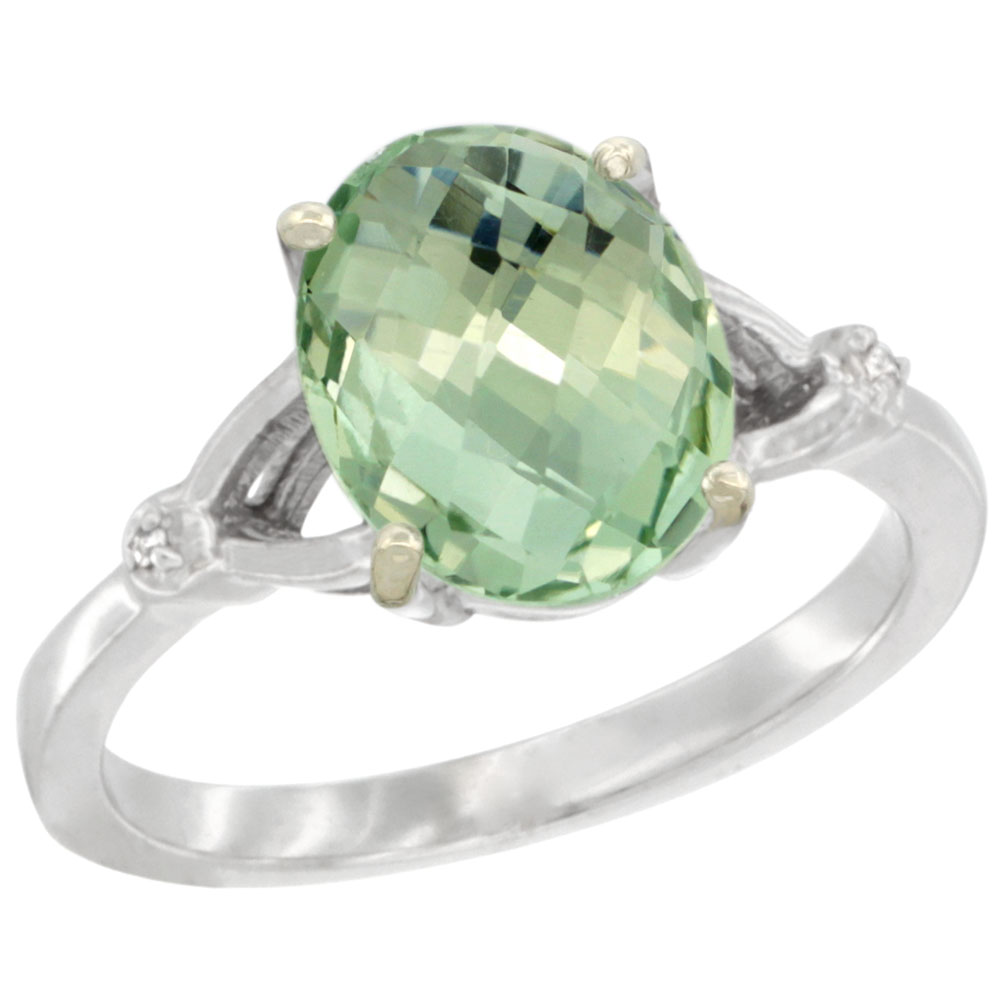 14K White Gold Diamond Natural Green Amethyst Engagement Ring Oval 10x8mm, sizes 5-10