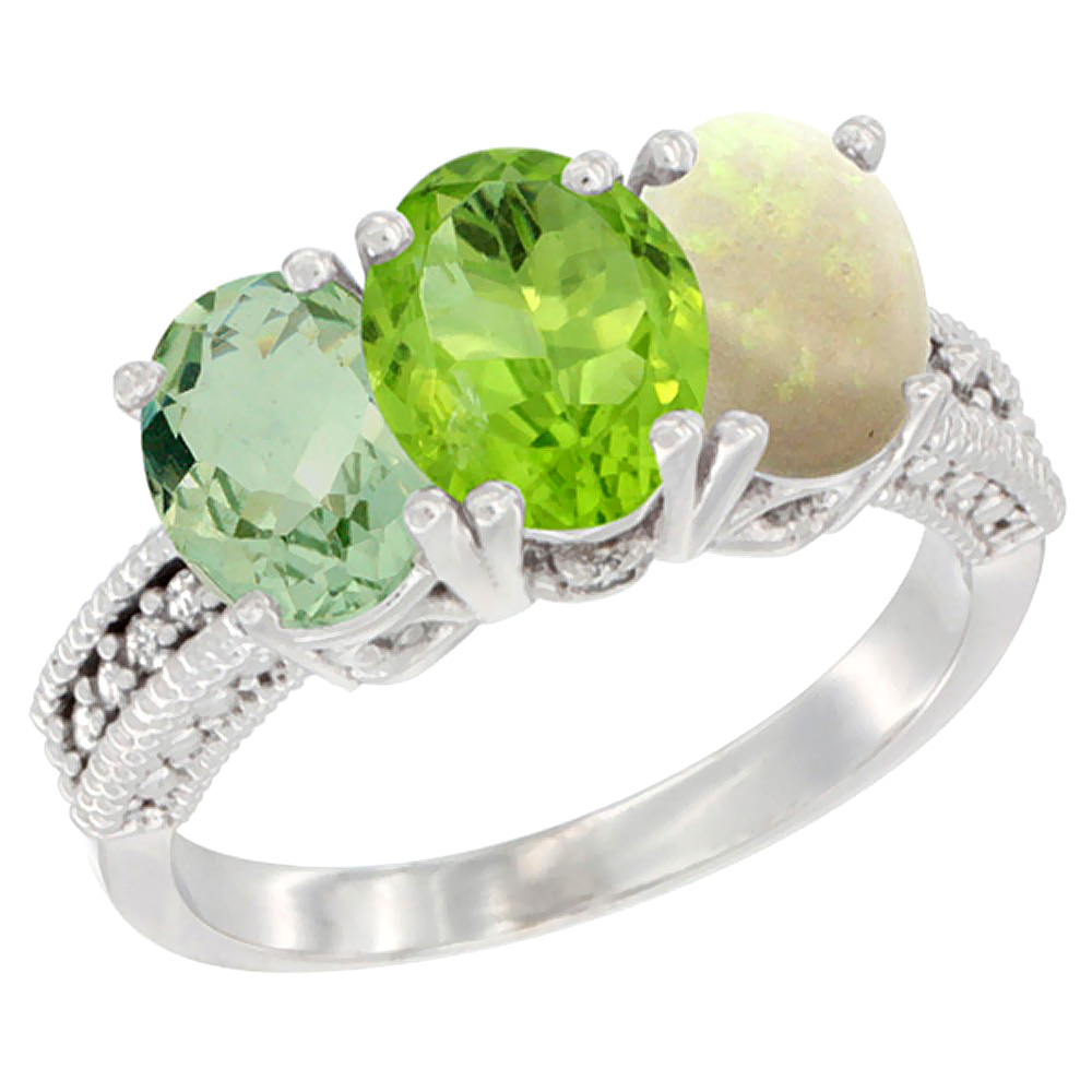 10K White Gold Natural Green Amethyst, Peridot & Opal Ring 3-Stone Oval 7x5 mm Diamond Accent, sizes 5 - 10