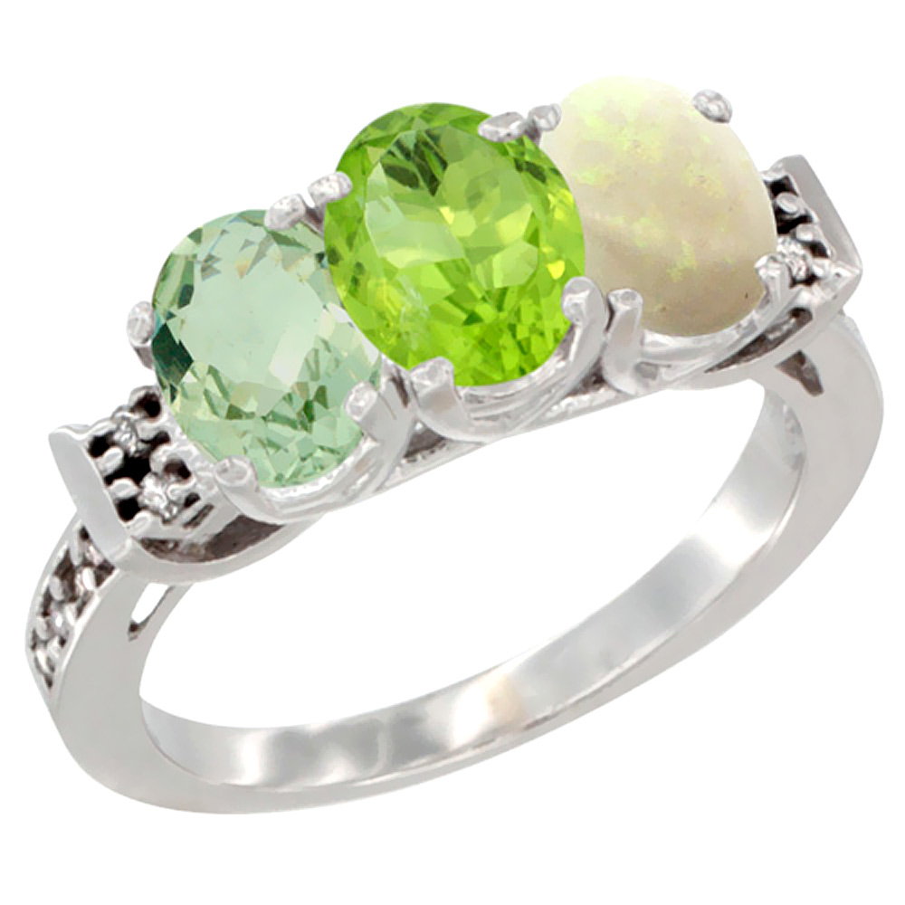 14K White Gold Natural Green Amethyst, Peridot & Opal Ring 3-Stone 7x5 mm Oval Diamond Accent, sizes 5 - 10