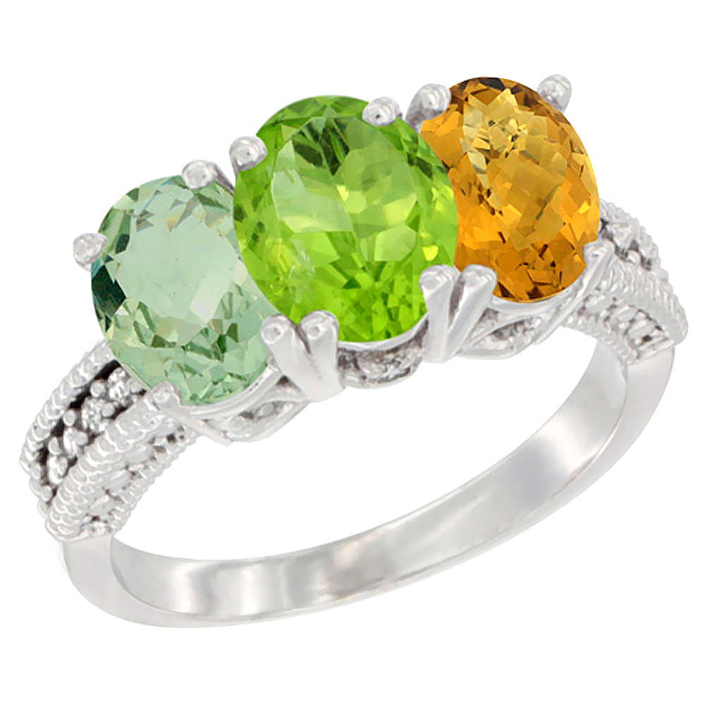 14K White Gold Natural Green Amethyst, Peridot & Whisky Quartz Ring 3-Stone 7x5 mm Oval Diamond Accent, sizes 5 - 10