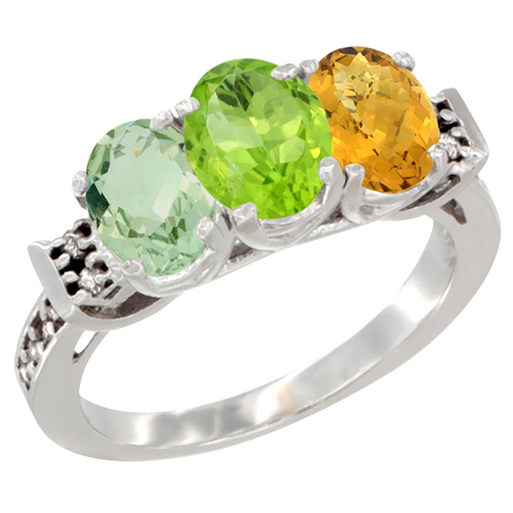 14K White Gold Natural Green Amethyst, Peridot & Whisky Quartz Ring 3-Stone 7x5 mm Oval Diamond Accent, sizes 5 - 10