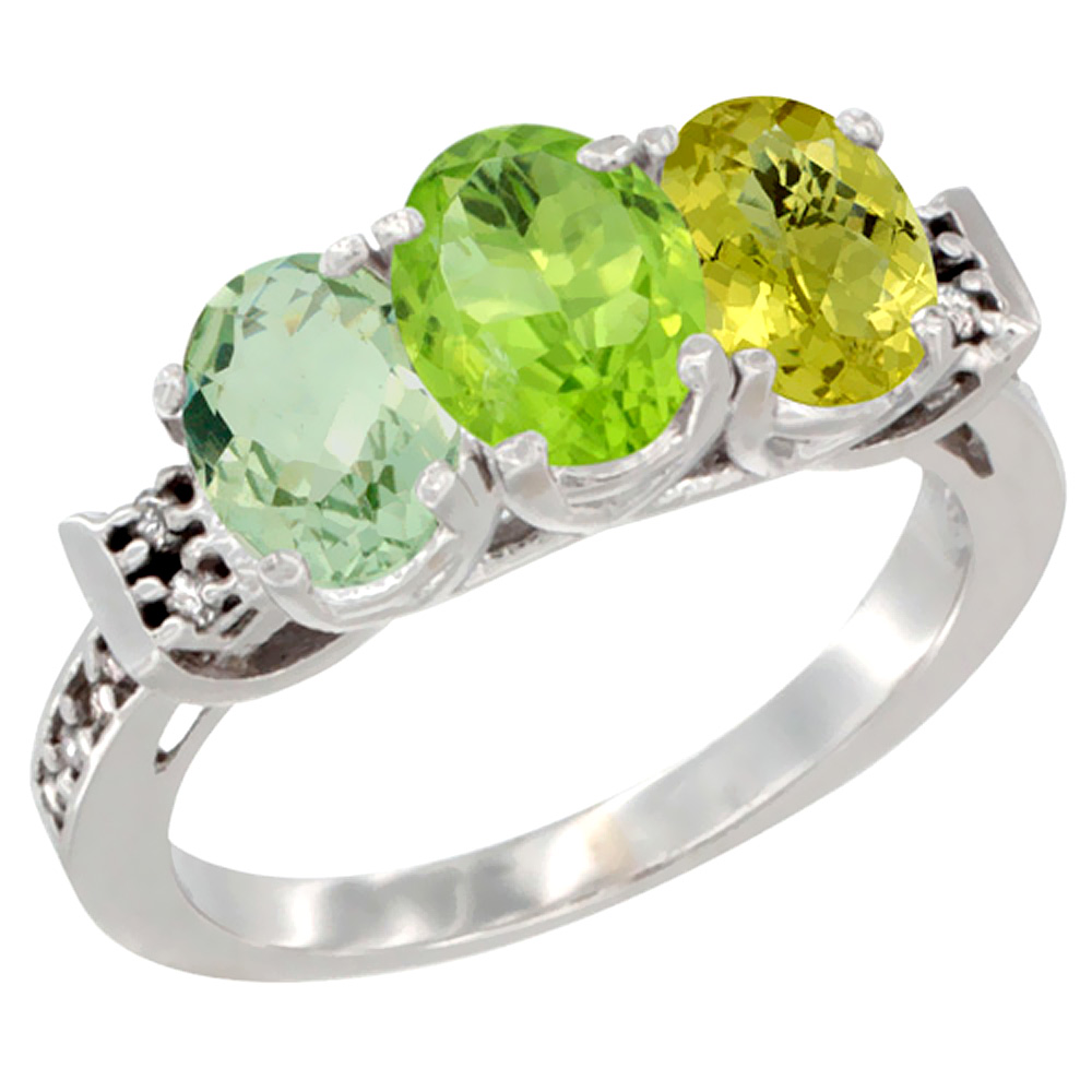 14K White Gold Natural Green Amethyst, Peridot &amp; Lemon Quartz Ring 3-Stone 7x5 mm Oval Diamond Accent, sizes 5 - 10