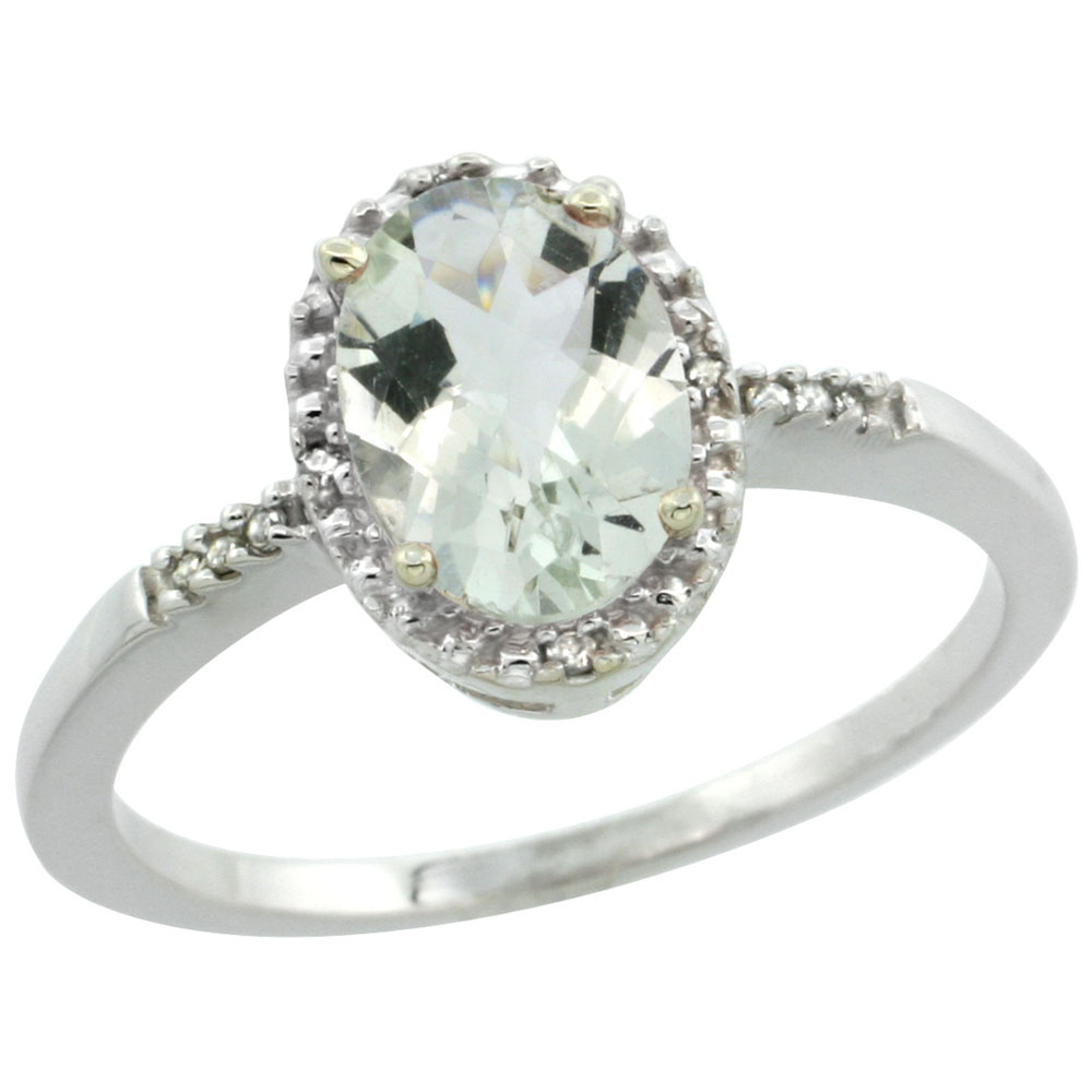 14K White Gold Diamond Natural Green Amethyst Ring Ring Oval 8x6mm, sizes 5-10