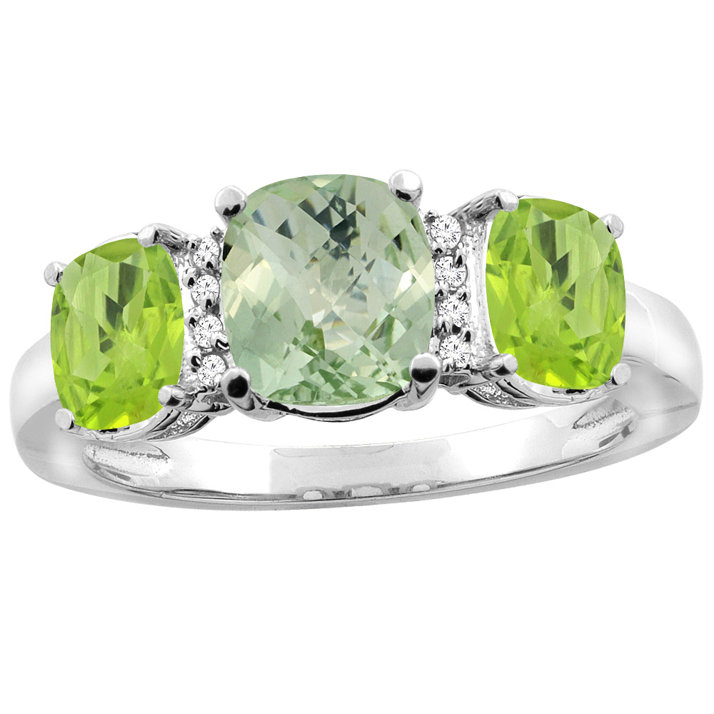 14K Yellow Gold Natural Green Amethyst &amp; Peridot 3-stone Ring Cushion 8x6mm Diamond Accent, sizes 5 - 10