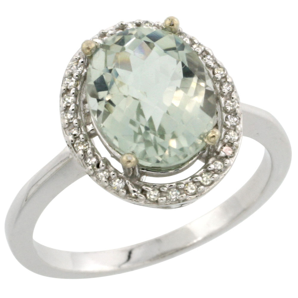 14K White Gold Diamond Natural Green Amethyst Engagement Ring Oval 10x8mm, sizes 5-10