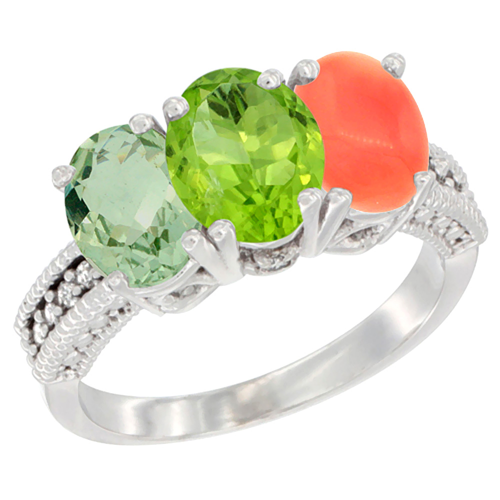 10K White Gold Natural Green Amethyst, Peridot &amp; Coral Ring 3-Stone Oval 7x5 mm Diamond Accent, sizes 5 - 10