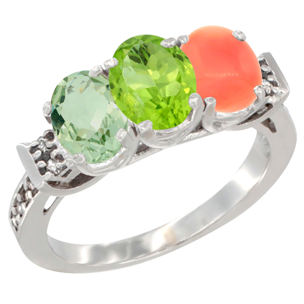 14K White Gold Natural Green Amethyst, Peridot & Coral Ring 3-Stone 7x5 mm Oval Diamond Accent, sizes 5 - 10