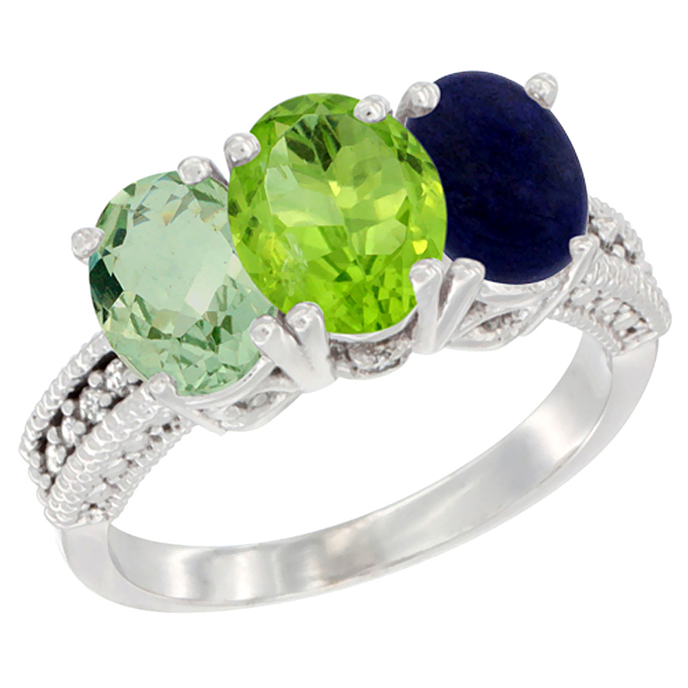 10K White Gold Natural Green Amethyst, Peridot & Lapis Ring 3-Stone Oval 7x5 mm Diamond Accent, sizes 5 - 10