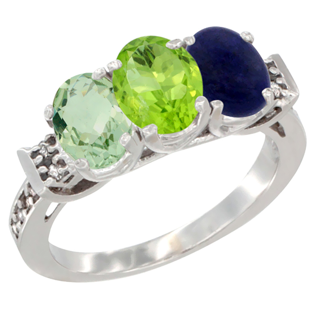 14K White Gold Natural Green Amethyst, Peridot &amp; Lapis Ring 3-Stone 7x5 mm Oval Diamond Accent, sizes 5 - 10