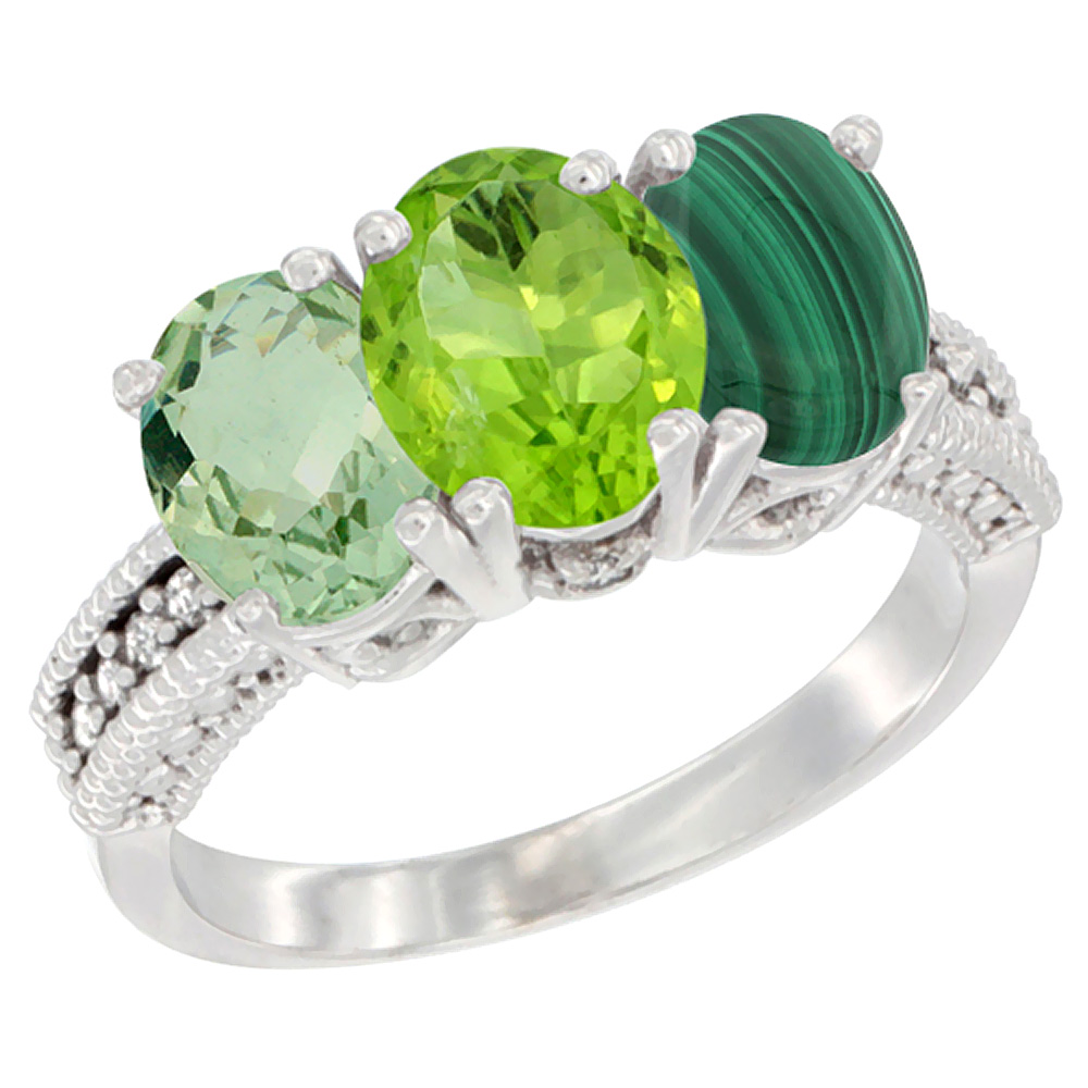 14K White Gold Natural Green Amethyst, Peridot &amp; Malachite Ring 3-Stone 7x5 mm Oval Diamond Accent, sizes 5 - 10