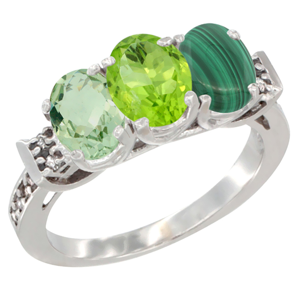 14K White Gold Natural Green Amethyst, Peridot &amp; Malachite Ring 3-Stone 7x5 mm Oval Diamond Accent, sizes 5 - 10