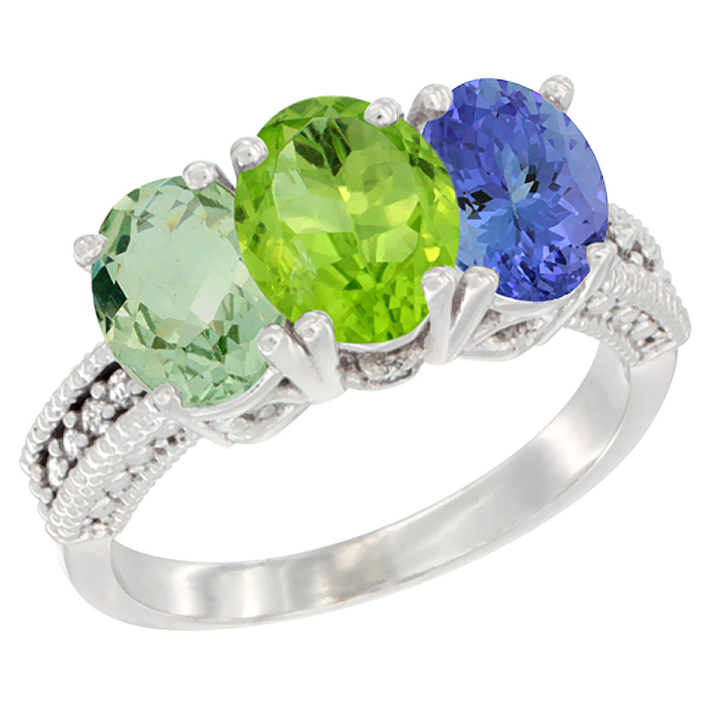 14K White Gold Natural Green Amethyst, Peridot & Tanzanite Ring 3-Stone 7x5 mm Oval Diamond Accent, sizes 5 - 10