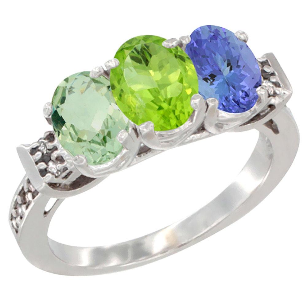 14K White Gold Natural Green Amethyst, Peridot &amp; Tanzanite Ring 3-Stone 7x5 mm Oval Diamond Accent, sizes 5 - 10