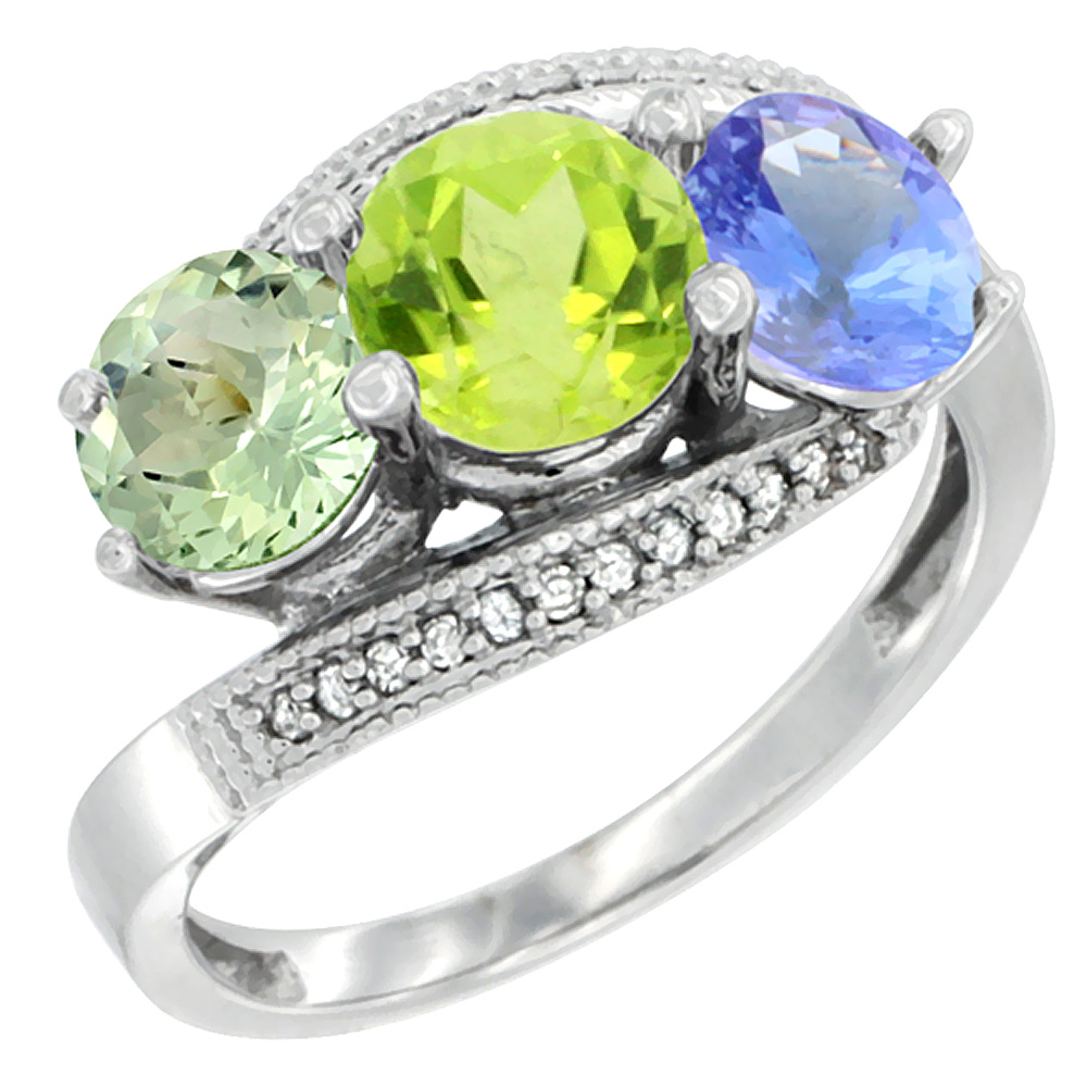 10K White Gold Natural Green Amethyst, Peridot & Tanzanite 3 stone Ring Round 6mm Diamond Accent, sizes 5 - 10