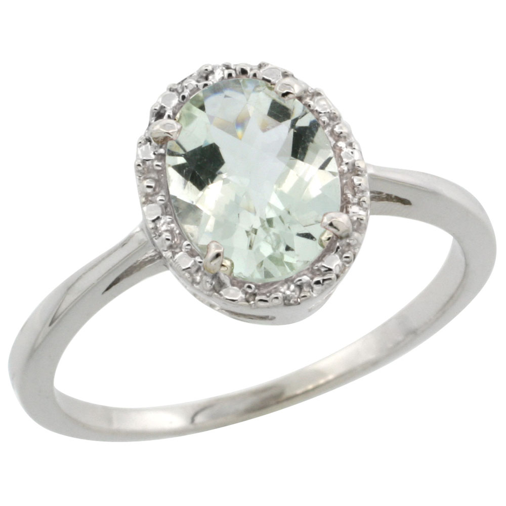 14K White Gold Natural Green Amethyst Ring Oval 8x6 mm Diamond Halo, sizes 5-10