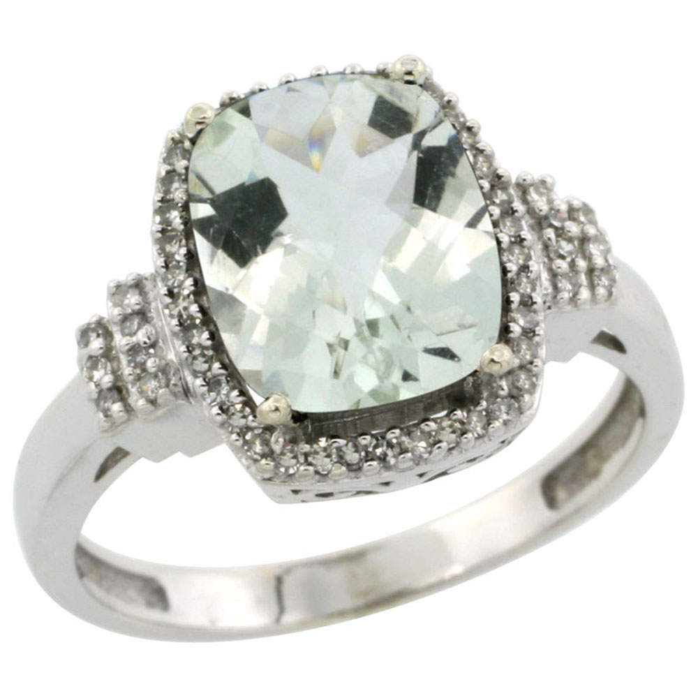 10k White Gold Diamond Halo Genuine Green Amethyst Ring Cushion-cut 9x7mm sizes 5-10