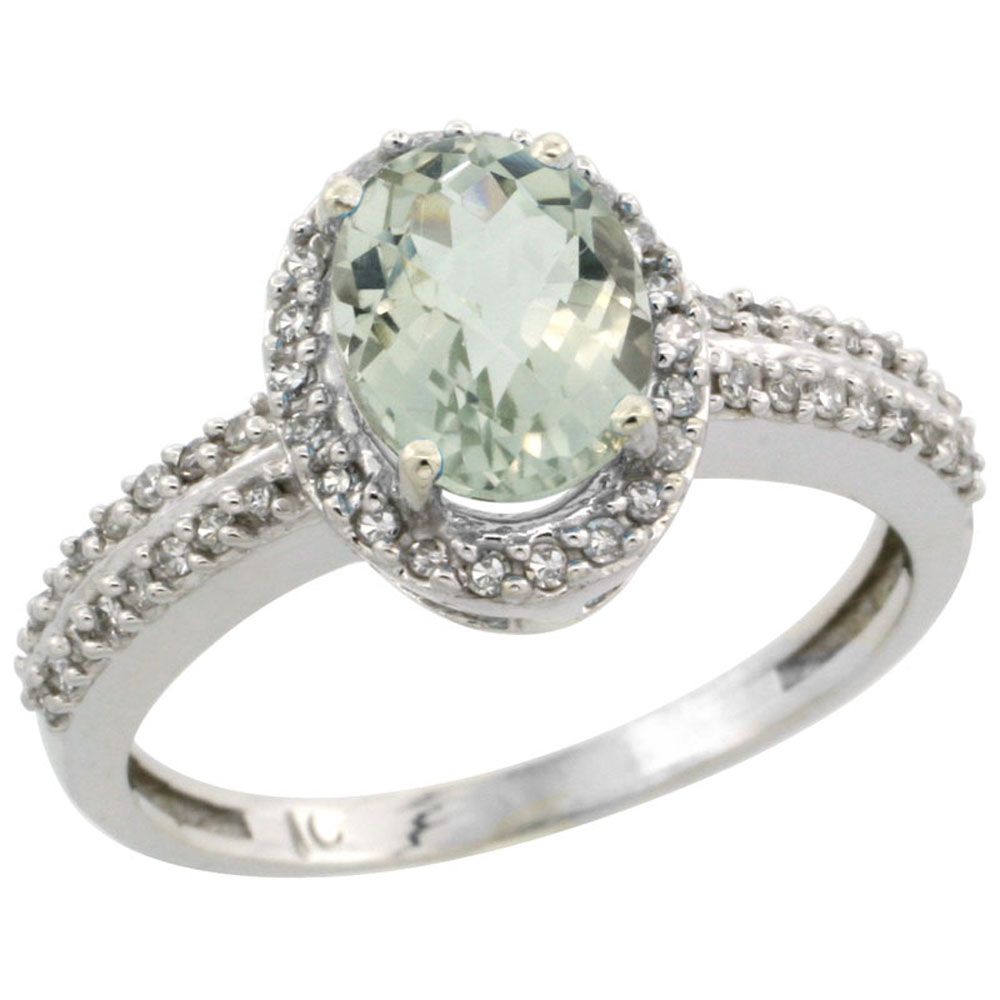 14K White Gold Natural Green Amethyst Ring Oval 8x6mm Diamond Halo, sizes 5-10