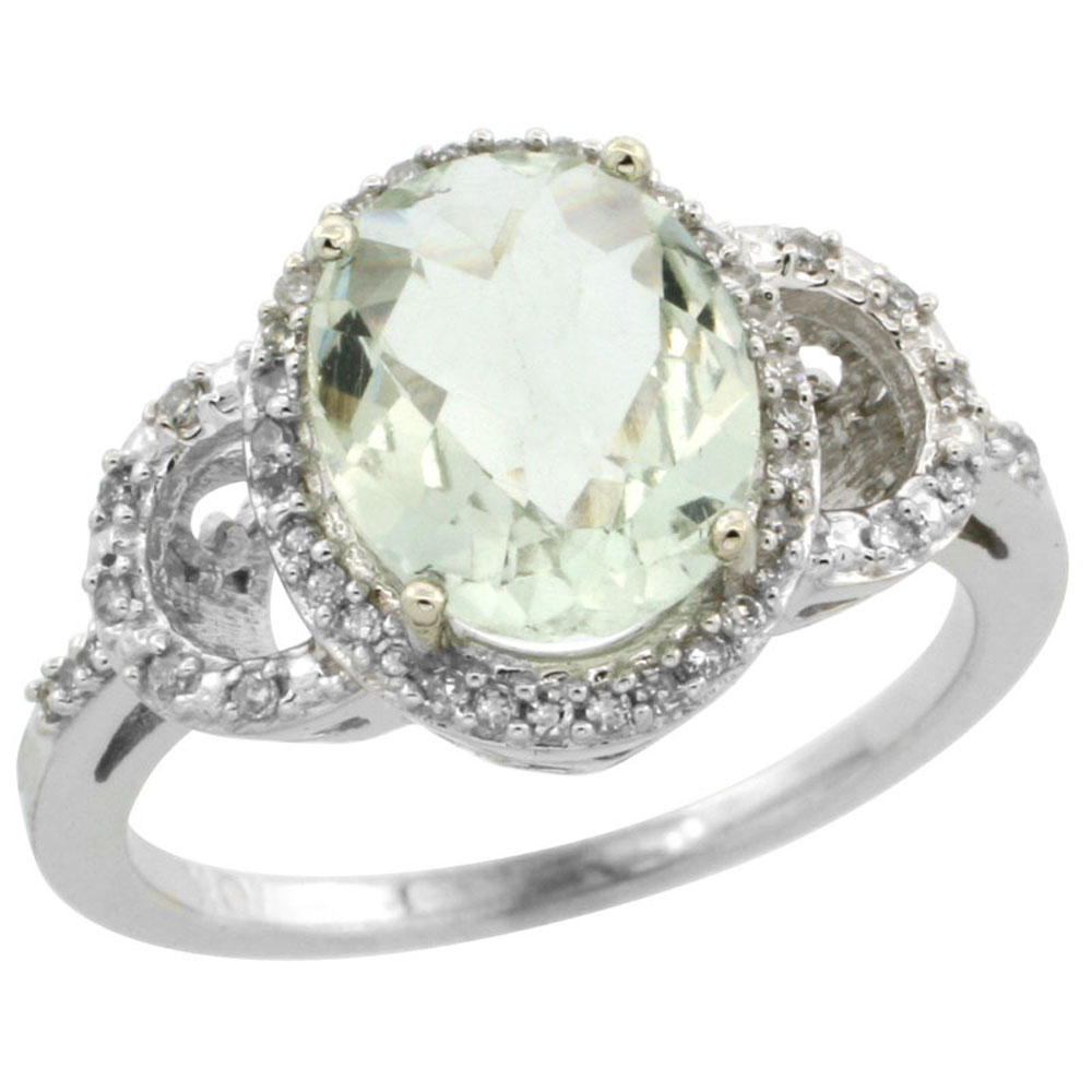 14K White Gold Diamond Natural Green Amethyst Engagement Ring Oval 10x8mm, sizes 5-10