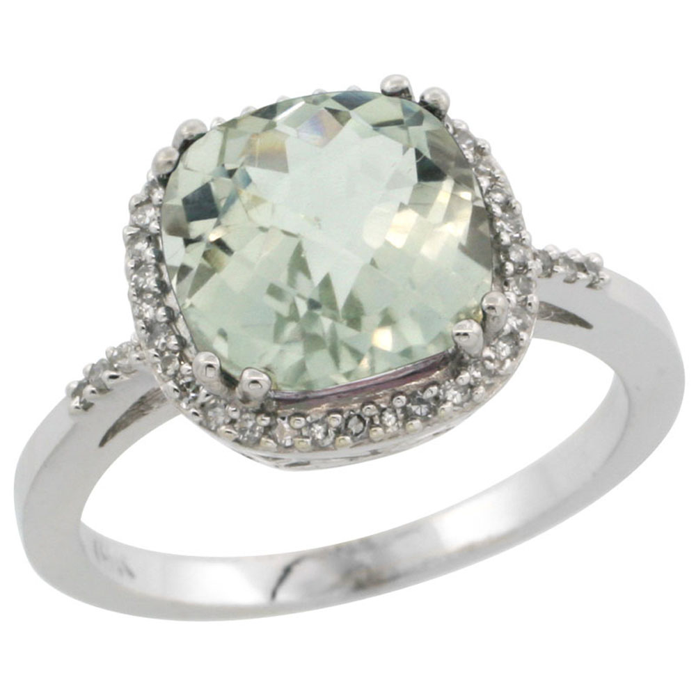 14K White Gold Diamond Natural Green Amethyst Ring Cushion-cut 9x9mm, sizes 5-10