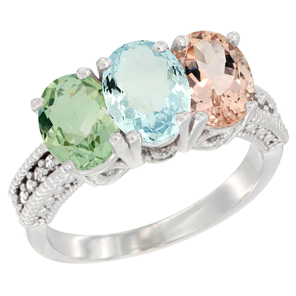 10K White Gold Natural Green Amethyst, Aquamarine &amp; Morganite Ring 3-Stone Oval 7x5 mm Diamond Accent, sizes 5 - 10