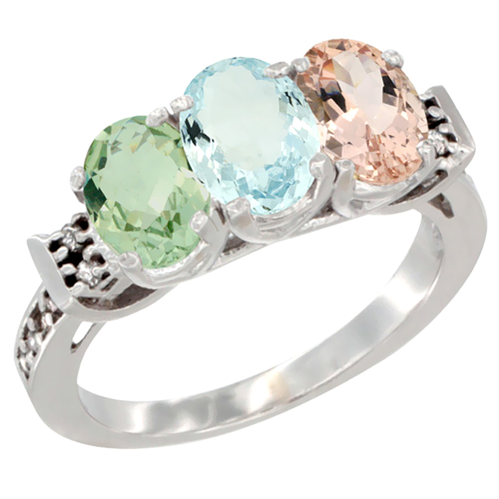 10K White Gold Natural Green Amethyst, Aquamarine & Morganite Ring 3-Stone Oval 7x5 mm Diamond Accent, sizes 5 - 10