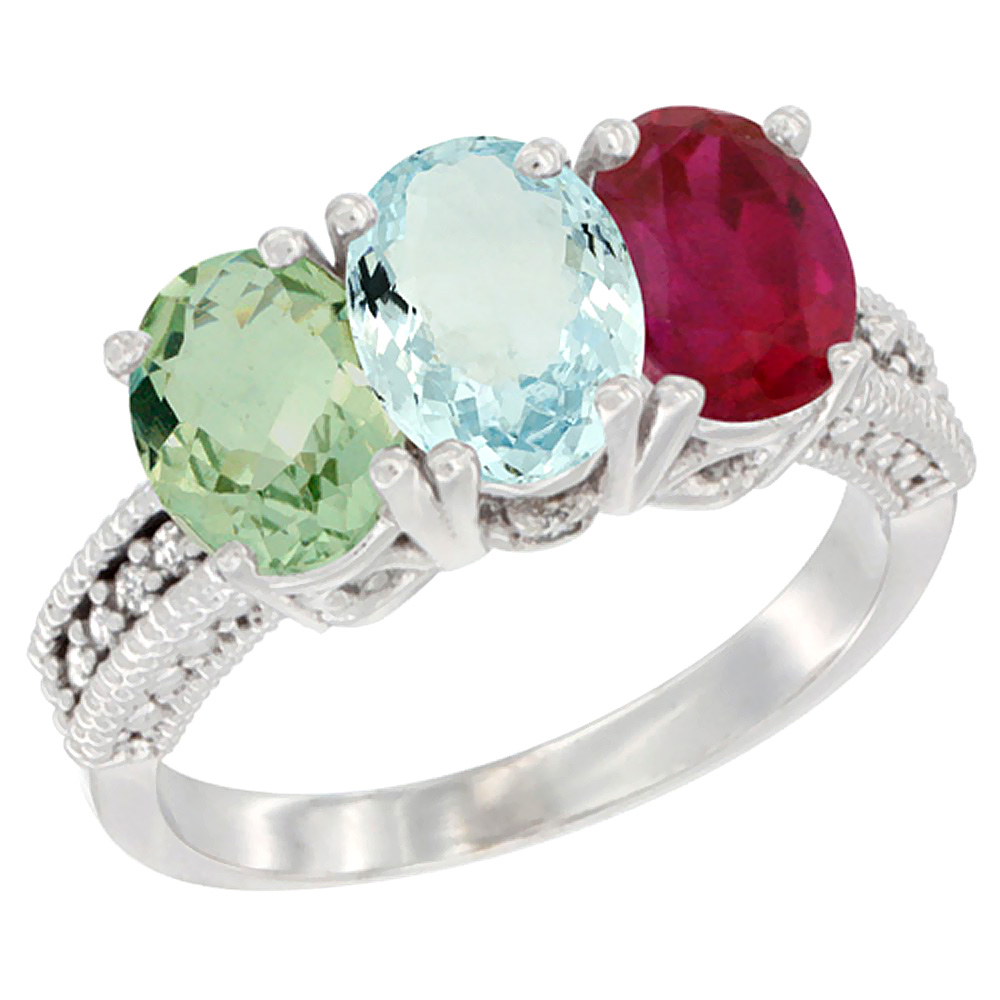 14K White Gold Natural Green Amethyst, Aquamarine & Enhanced Ruby Ring 3-Stone 7x5 mm Oval Diamond Accent, sizes 5 - 10