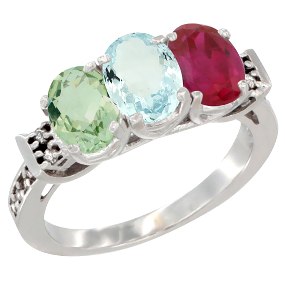 10K White Gold Natural Green Amethyst, Aquamarine & Enhanced Ruby Ring 3-Stone Oval 7x5 mm Diamond Accent, sizes 5 - 10