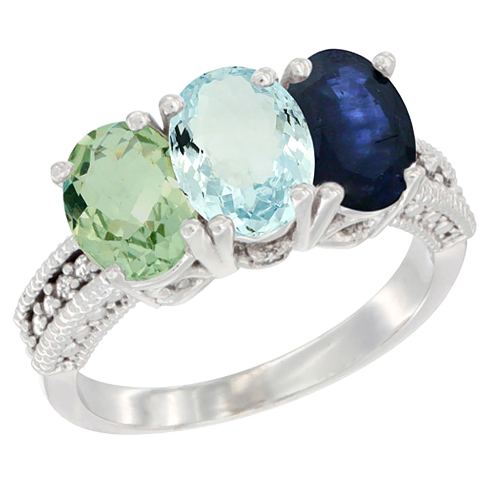 10K White Gold Natural Green Amethyst, Aquamarine &amp; Blue Sapphire Ring 3-Stone Oval 7x5 mm Diamond Accent, sizes 5 - 10