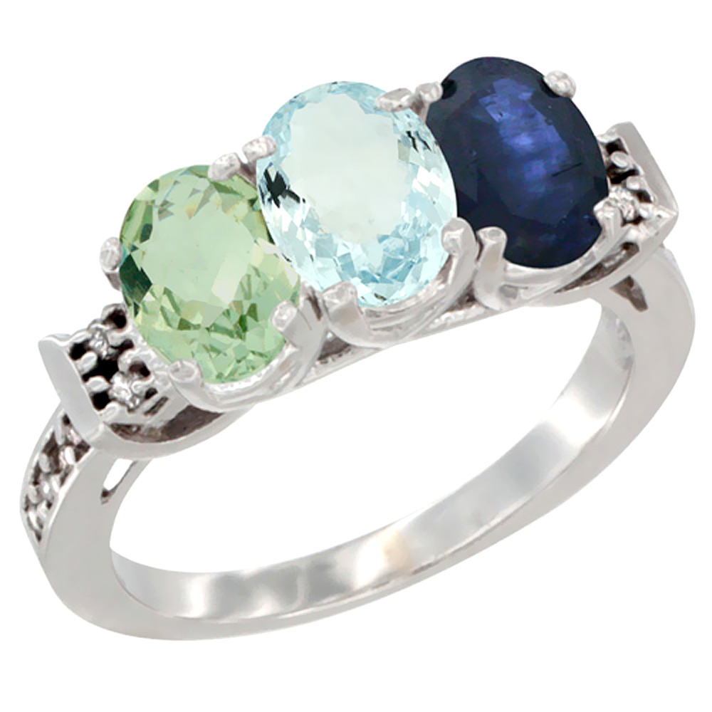 14K White Gold Natural Green Amethyst, Aquamarine & Blue Sapphire Ring 3-Stone 7x5 mm Oval Diamond Accent, sizes 5 - 10